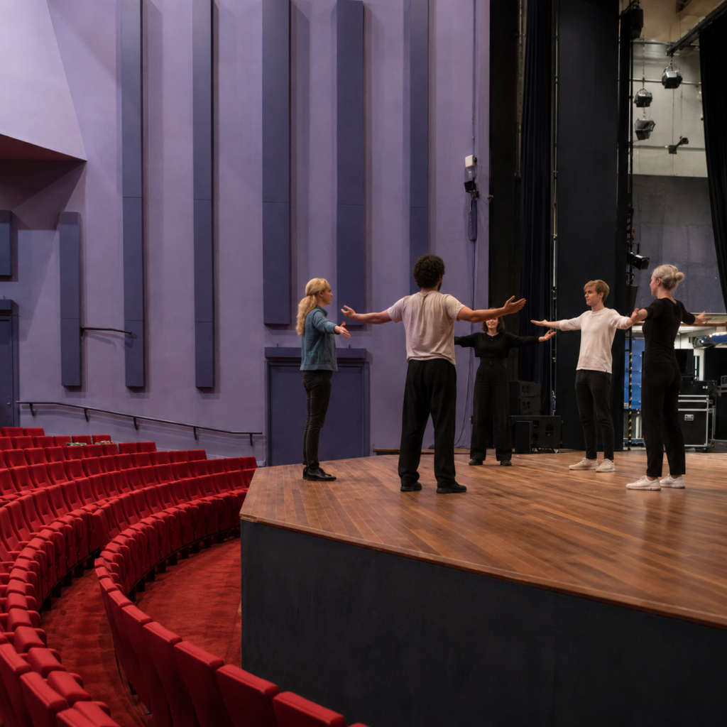 Groep deelnemers tijdens een bewegingsoefening op de Toneelacademie Maastricht.