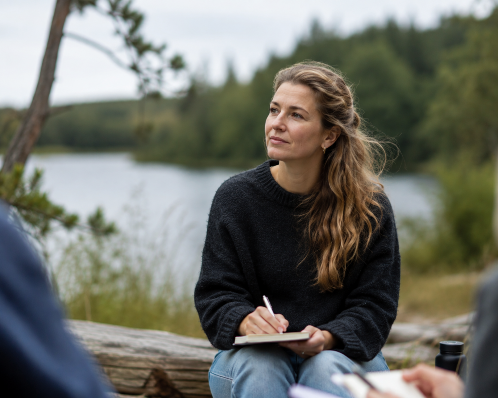 Jonge leider tijdens een buitensessie van de Future Leaders leergang, natuurlijke omgeving, moment van reflectie.